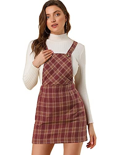Allegra K Women's Plaid Overall Bib Dress with Adjustable Straps — Burgundy