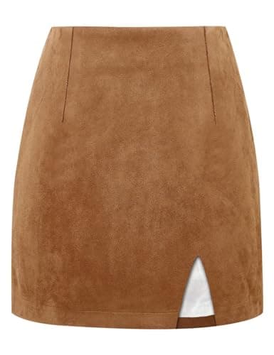 High Waisted Wool Plaid Mini Skirt with Slit for Women by IDEALSANXUN — Suede Brown