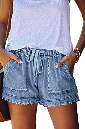GOLDPKF Women's Mid-Waist Frayed Stretch Denim Shorts — A-sky Blue
