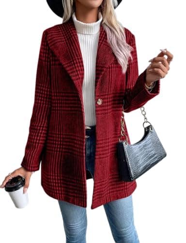 Long Wool Plaid Blazer for Women's Fall and Winter Outfits — Wine