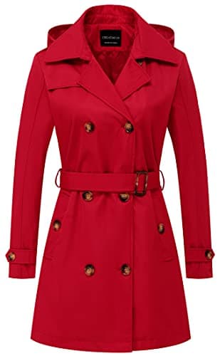 CREATMO Women's Classic Double-Breasted Trench Coat with Detachable Hood — Red