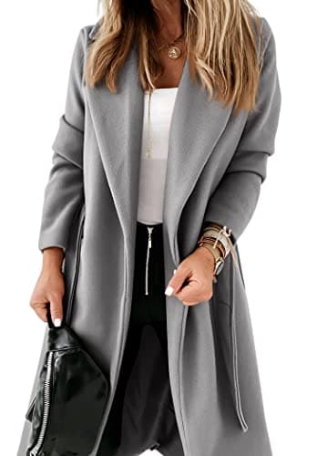 Ladiyo Women's Classic Open Front Belted Long Coat — Grey