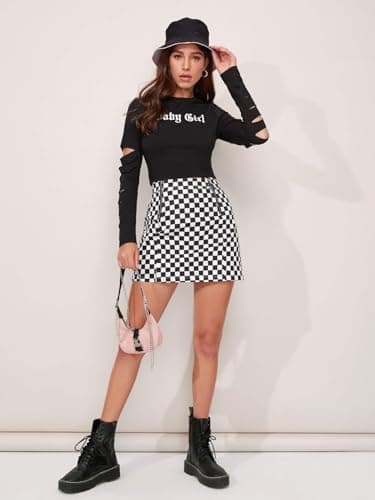 WDIRARA Women's Elegant Mid-Waist Plaid O-Ring Zipper Mini Skirt