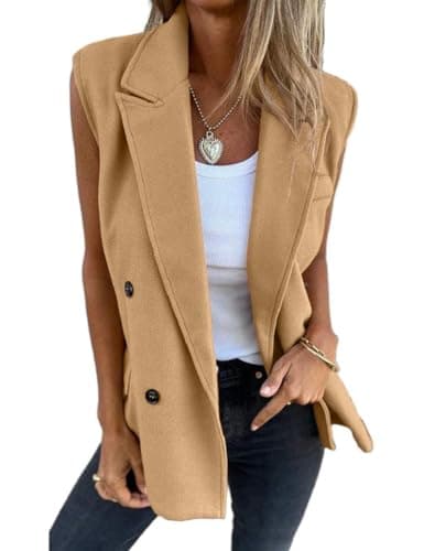 IDEALSANXUN Women's Long Sleeveless Vest Trench Coat Suit Jacket — Camel