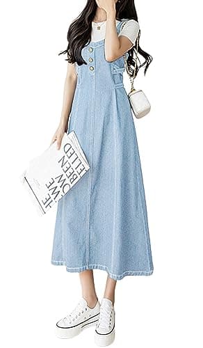 CHARTOU Elegant Denim Smocked A-Line Long Skirt with Back Straps — Light Blue