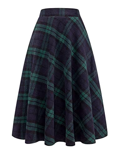 Women's Long Plaid Wool Skirt for Winter: High Waisted A-line Flare — Green