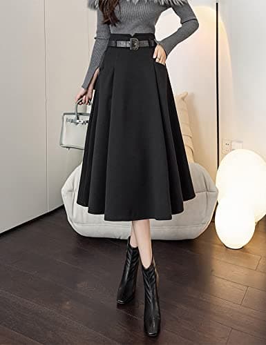 IDEALSANXUN High Waisted Wool Midi Pleated Skirts for Women Fall Winter