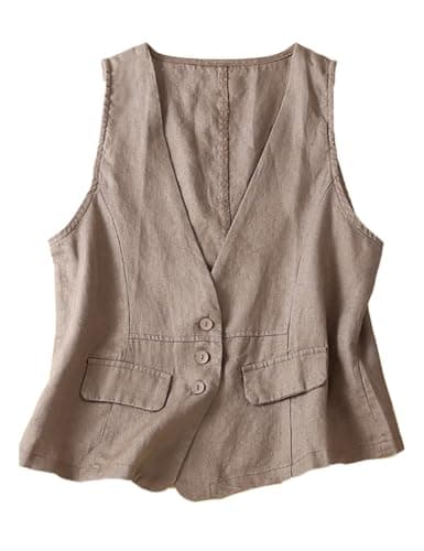 ULEMON Women's Linen Button Down Vest Top — Khaki
