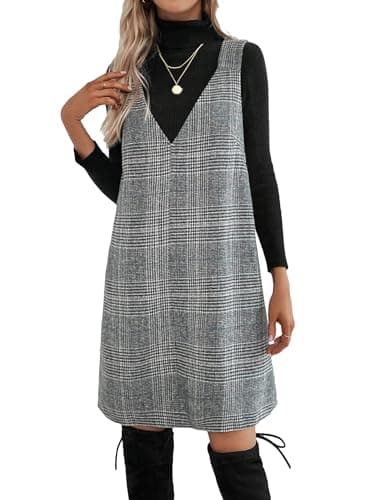 OYOANGLE Women's Plaid Print Sleeveless V-Neck Short Dress Pinafore — Grey