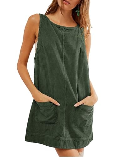 Hooever Women's Corduroy Overall Mini Dress with Pockets — Darkgreen