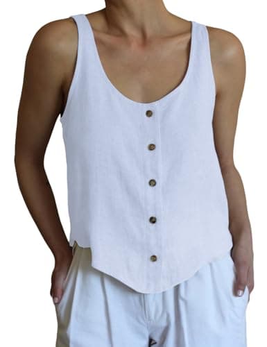 IDEALSANXUN Women's Linen Scoop Neck Button Down Sleeveless Top — White