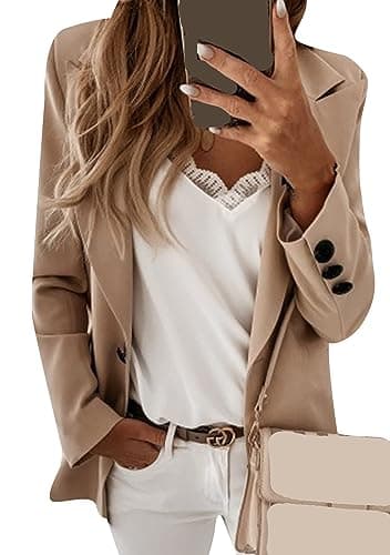 WIWIQS Women's Comfortable Long-Sleeve Open Front Blazer Suit — Slim Apricot
