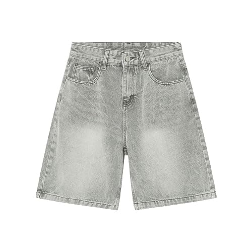 CUTEGAL Unisex Mid Rise Denim Jorts Wide Leg Casual Pants — Light Gray