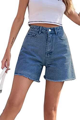 GOLDPKF Women's Mid-Waist Frayed Stretch Denim Shorts — C-light Blue