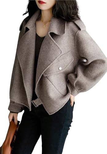 UTCOCO Women Cropped Wool Pea Coat with Notched Lapel and Pockets