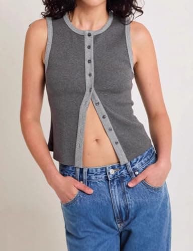 IDEALSANXUN Ribbed Button-Up Tank Top for Women Summer Vest Top