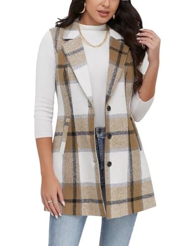 IDEALSANXUN Women's Plaid Sleeveless Blazer Jacket for Fall Winter — Khaki