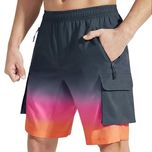 VAYAGER Men's Lightweight Casual Hiking Cargo Shorts Multi Pocket Outdoor Travel Shorts — Grey/Orange Gradient