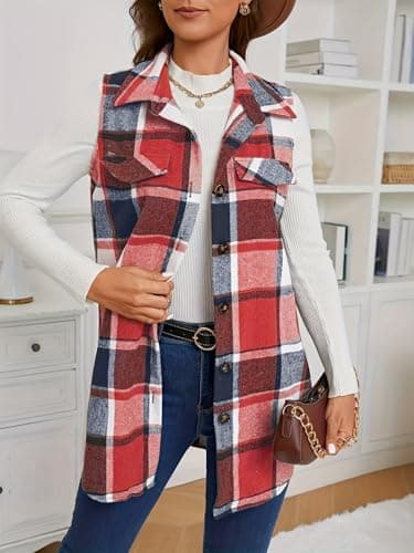 IDEALSANXUN Women's Plaid Sleeveless Cardigan Shacket Vest Fall Fashion