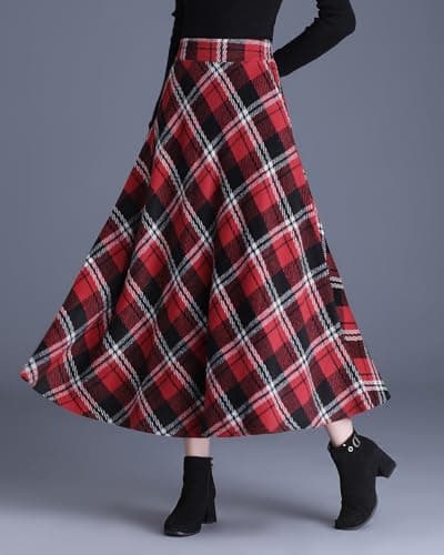 Womens Long Wool Plaid High Waist Flared Skirt Winter Warm
