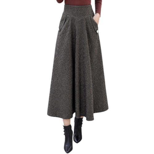 Chouyatou Women's Elegant Houndstooth Midi Wool Skirt with Pockets — Coffee