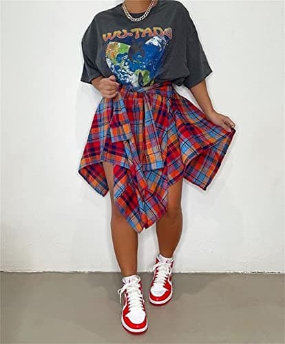 Atyfuniby Women's High-Waisted Plaid Mini Skater Skirt with Knot Front Hem
