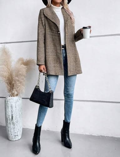 Long Wool Plaid Blazer for Women's Fall and Winter Outfits