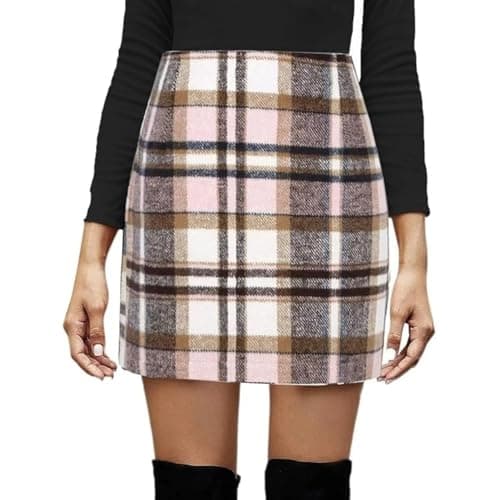 Women's High Waisted Plaid Skirt — Pink