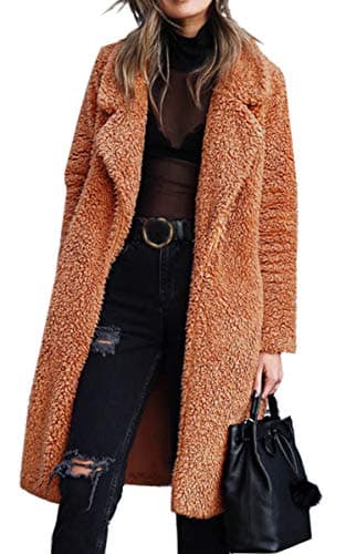 Angashion Women's Fuzzy Fleece Lapel Open Front Long Cardigan Coat — Caramel