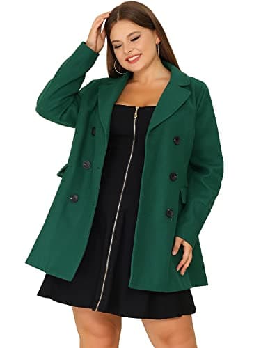 Agnes Orinda Plus Size Notched Lapel Double Breasted Long Coat — Dark Green