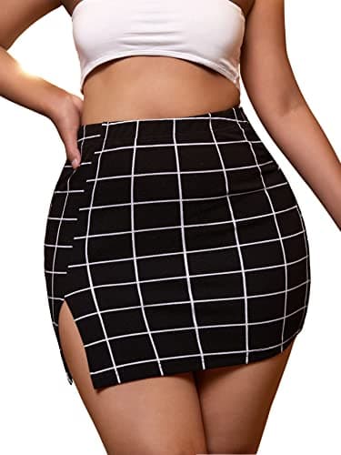Floerns Women's High Waisted Mini Plaid Split Hem Casual Skirt — Black Gird