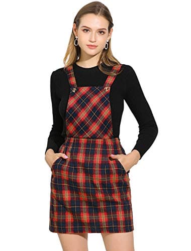 Allegra K Women's Plaid Overall Bib Dress with Adjustable Straps — Red