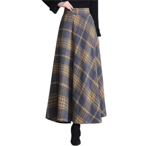 SANGTREE Women's High-Waist Flared Tartan Wool Skirt — Yellow Grey