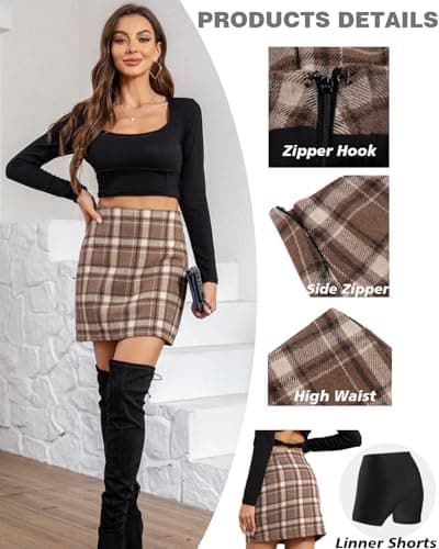 We1Fit Women's Plaid High Waist Wool Bodycon Mini Skirt with Shorts