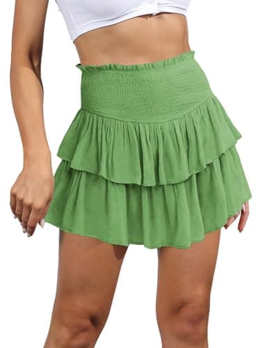 2024 Women's Ruffle Mini Skirt A-Line Pleated Cute Style — Light Green
