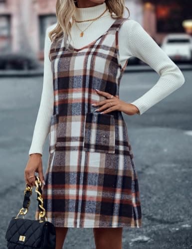 Sleeveless Plaid Overall Dress with Pockets for Women in Fall/Winter