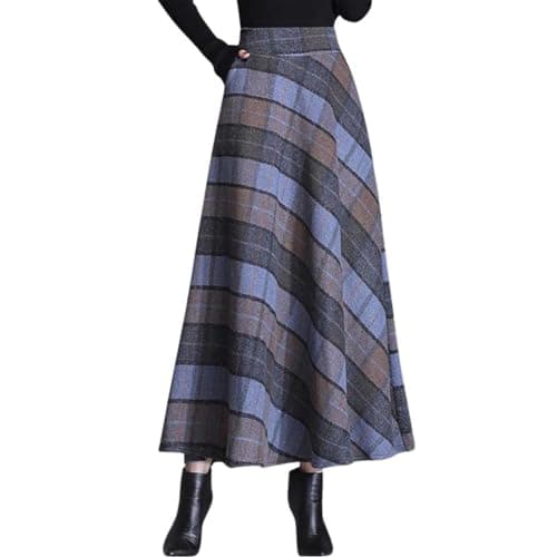 Women's Elastic Waist Plaid Wool Blend A-Line Skirt with Pockets — Gray Blue