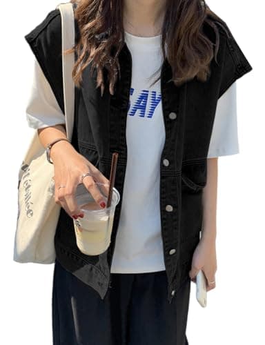 IDEALSANXUN Women's Denim Sleeveless Blazer Jacket Vest Outerwear — Black