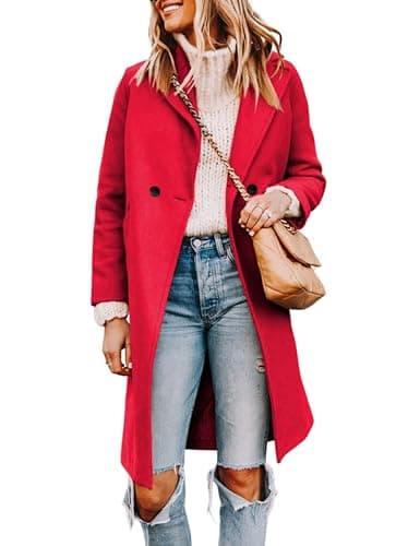Tanming Women's Mid-Length Wool Blend Notch Lapel Trench Coat — Red