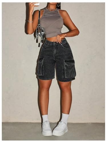MakeMeChic Women's Low Waist Denim Cargo Bermuda Shorts