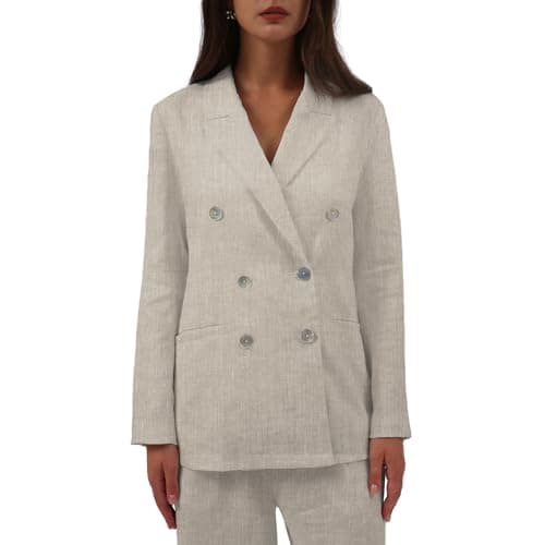 Amazhiyu Women's Pure Linen Double-Breasted Notched Long Sleeve Blazer with Pockets — Flax