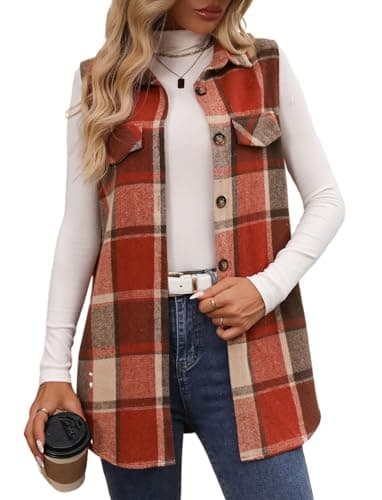 IDEALSANXUN Women's Plaid Flannel Sleeveless Jacket Cardigan Outerwear for Fall Winter — Orange