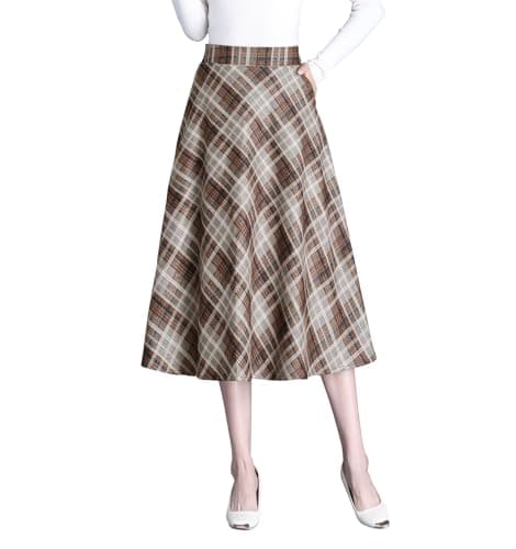 Biilyli Women's High Waist Wool Plaid Midi Skirt — Khaki