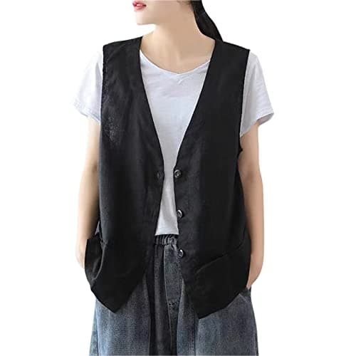 Woman Linen Button Down Sleeveless Camisole Top Coat