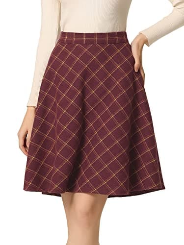 Women's Plaid Elastic Waist Knee Length Skirt — Burgundy