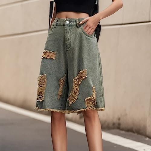 Women's Knee Length Distressed Denim Shorts