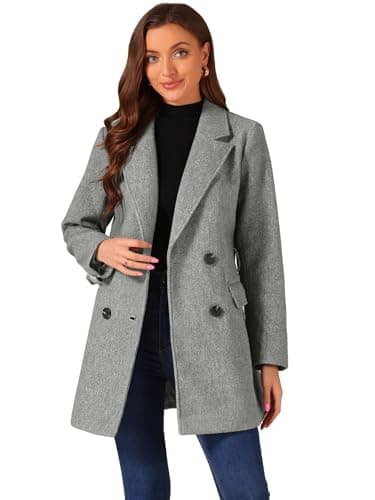 Allegra K Women's Belted Mid-Length Double Breasted Winter Coat — Grey