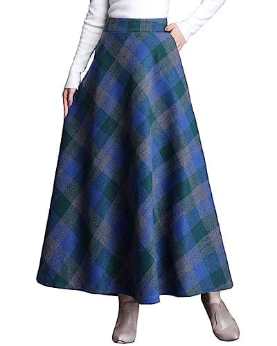 Vintage High Waist Wool Blend Plaid A-Line Maxi Skirt for Women — Blue
