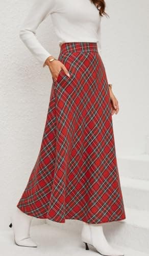 XQR Women's Vintage Plaid Maxi Skirt High Waist with Pockets