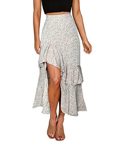 BTFBM Women's 2025 Summer Floral Print Elastic Waist High-Low Boho Maxi Skirt — Z-white